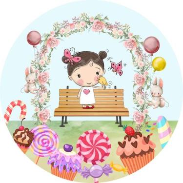 Imagem de Painel de Tecido Sublimado Redondo Bonequinha Cute Flores e Doces C/El