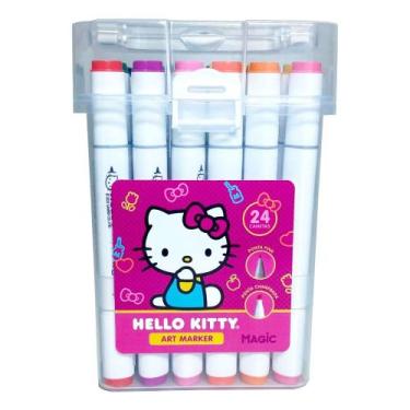 Imagem de Kit Hello Kitty 24 Cores Art Marker Canetinhas Ponta Dupla Estojo Acrí