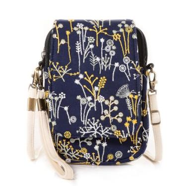 Imagem de Bolsa transversal de lona com flores bordadas, bolsa mensageiro feminina, bolsa para celular, Grama azul escuro, Casual