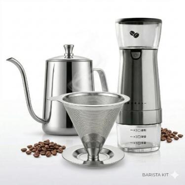Imagem de Kit Café Barista Completo Inox: Moedor + Filtro + Chaleira - HIBULL