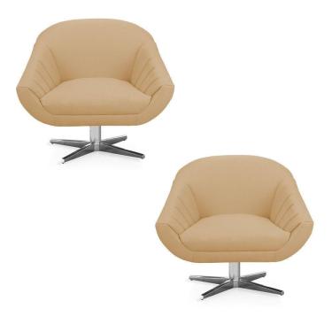Imagem de Kit 02 Poltronas Giratória Giovana Linho Areia A27 Base Cromada