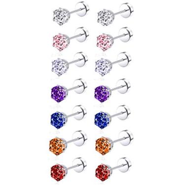 Imagem de Tornito 7 a 14 pares de brincos de aço inoxidável CZ para mulheres, conjunto de brincos de hélice de cartilagem de zircônia cúbica multicolorida 4 mm, Metal, Zircônia cúbica