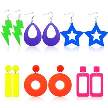 Imagem de 6 pares de brincos de neon geométricos retrô acessórios de neon da década de 80 joias para mulheres simples circular oval acrílico pingente pingente colorido brincos de argola para