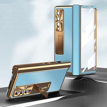Imagem de Capa de filme de vidro de cobertura completa fashion para Samsung Galaxy Z Fold 4 Fold3 Fold4 Fold 3 Zfold4 S Pen Holder Capas de couro, ouro e azul, para Samsung Z Fold 3
