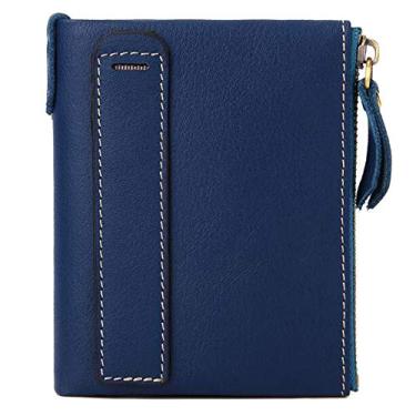 Imagem de Carteira pequena unissex de couro bovino macio dobrável carteira fina carteira RFID cartão, Azul, 4.7 x 0.98 x 3.74 inch