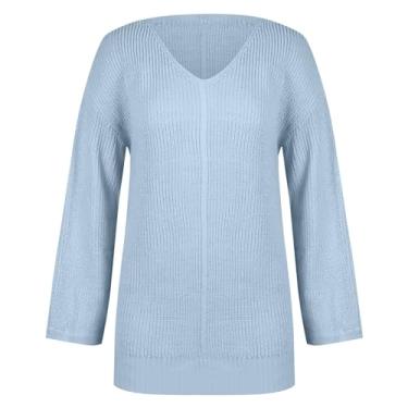 Imagem de Vestido feminino de cor sólida solto casual gola V comprimento médio suéter vestido maxi tule, Azul, 3G