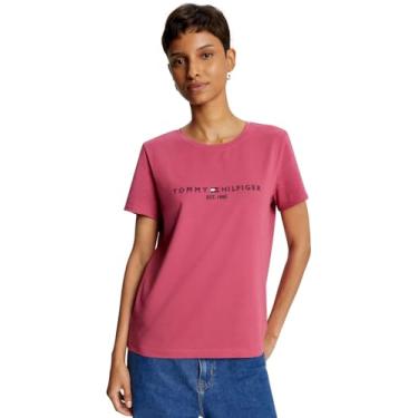 Imagem de Tommy Hilfiger Camiseta feminina de algodão de desempenho – Camisetas estampadas leves, Logotipo bordado Florida Coral, GG