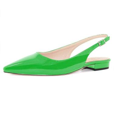 Imagem de Fericzot Sapatos femininos sensuais sandálias de bico fino salto baixo quadrado fivela Drees Flat Shoes Plus Size, Verde - patente, 6