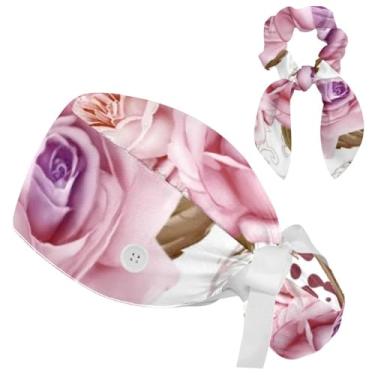 Imagem de Boné de trabalho com rabo de cavalo, boné de uniforme médico floral rosa e orelhas de coelho apertadas, boné de enfermeira de cirurgia, Multicolorido 10, Small-XX-Large