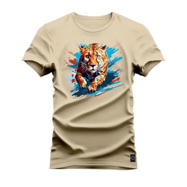 Imagem de Camiseta Plus Size Casual Malha Confortável Estampada Onça Esperta Bege G3