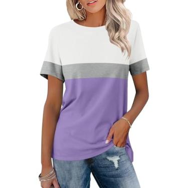 Imagem de Minetom Camisetas femininas coloridas de manga curta casuais de verão, A - branco-cinza-roxo, XXG