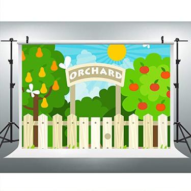 Imagem de Desenho animado pomar maçã pera árvore éden jardim pano de fundo para fotos de aniversário chá de bebê, 2,8 x 1,8 m, cerca de madeira, luz do sol, céu azul, banner, mesa de bolo, cabine fotográfica,
