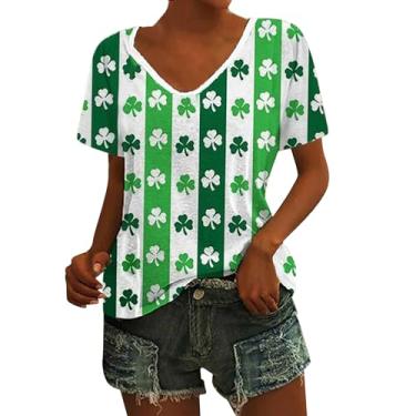 Imagem de Camiseta feminina St. Patrick's com estampa de coração trevo verde túnica casual manga curta, Bronze, XXG