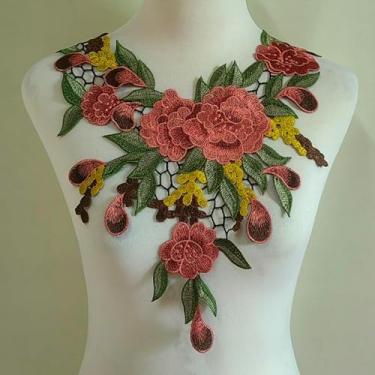 Imagem de Flor vermelha bordada renda decote diy colar guarnição roupas costura aplique bordado borda para suprimentos de costura artesanato