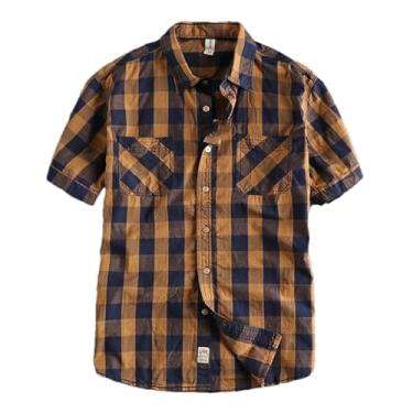 Imagem de Camisa masculina xadrez clássica de manga curta tendência diária de verão camiseta de algodão lavado meia manga, Amarelo, azul, GG