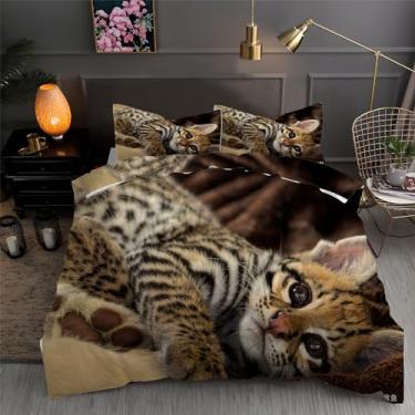 Imagem de Jogo de cama de capa de edredom solteiro gato leopardo animais 3 peças texturizadas de microfibra macia 172,7 cm x 228,6 cm e 2 fronhas, com fecho de zíper e laços