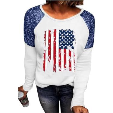 Imagem de Decogiver Camiseta feminina Memorial Day bandeira americana 4 de julho EUA estrelas listras manga longa camisetas patrióticas, Bandeira nacional branca-2-azul marinho, XXG