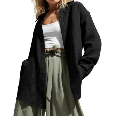 Imagem de PEHMEA Blusa feminina casual com decote em V de algodão, crepe e manga comprida, cor lisa, Preto, M