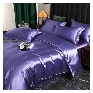 Imagem de Jogo de cama com capa de edredom de seda amoreira, lençol de cama de cetim de luxo cor sólida King Queen Twin, macio (tamanho solteiro 4 peças)