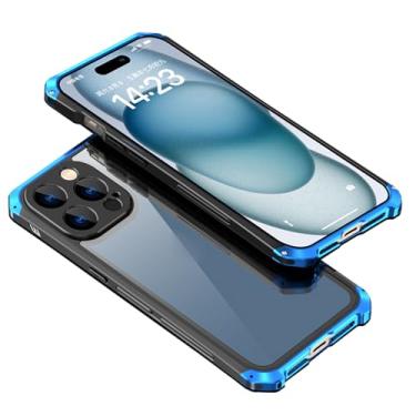 Imagem de YEXIONGYAN Capa para iPhone 15Pro Max/15 Pro/15, proteção de lente de precisão, capa fina de liga de alumínio + capa traseira de vidro temperado transparente, carregamento sem fio, azul, 15