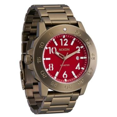 Imagem de NIXON Relógio analógico Smyth 44 A1414-100 m resistente à água (face de 44 mm, pulseira de aço inoxidável de 23 mm), cáqui/vermelho, Smyth 44