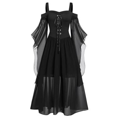 Imagem de FEAPHY Vestido feminino gótico vintage chiffon ombro vazado manga flare vestido alto baixo, Cadarço preto, GG