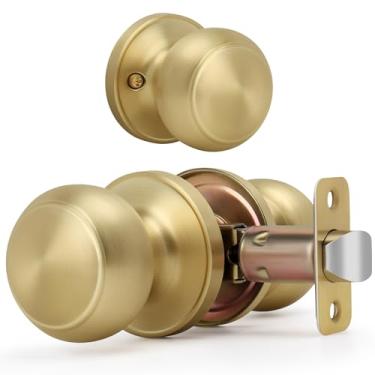 Imagem de LOQRON Maçaneta de porta de esfera plana dourada escovada sem chave e trava, maçaneta de design redondo de passagem sem travamento para corredor/armário, acabamento em latão acetinado