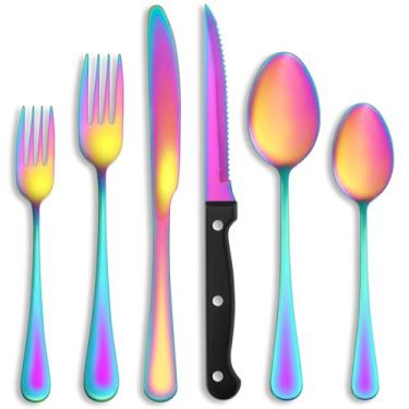 Imagem de Conjunto de talheres arco-íris de 36 peças com facas de bife para 6, conjunto de talheres de aço inoxidável, conjunto de talheres polidos espelhados, utensílios de mesa para cozinha, inclui conjunto