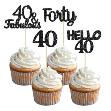Imagem de Gyufise 24 peças de enfeites de cupcake de aniversário de 40 anos com glitter preto Hello 40 Quarenta decorações de bolo, 40 e fabulosas palitos de cupcake para decorações de bolo de 40 anos