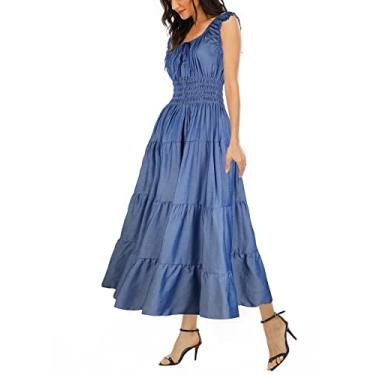 Imagem de OSTOO Vestido longo feminino 2025 com estampa floral boho casual rodado, Jeans azul escuro, GG