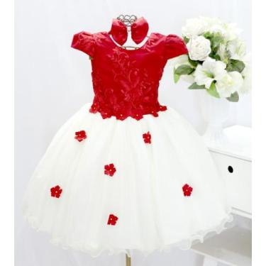 Imagem de Vestido Infantil Daminha Vermelho E Creme Flor E Tiara - pingo de gent
