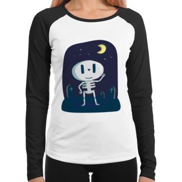 Imagem de Baby Look Raglan Esqueleto Manga Longa - Foca na Moda, Branco, Preto, 