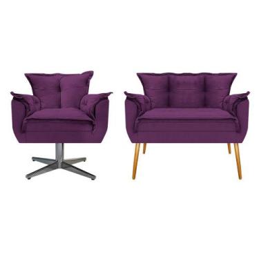 Imagem de Kit Namoradeira e Poltrona Opala Base Giratória de Metal Suede Roxo - 