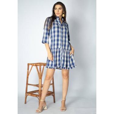 Imagem de Vestido Curto Caxiri Botton Viscose Manga 3/4 Xadrez Azul - Amazonia V