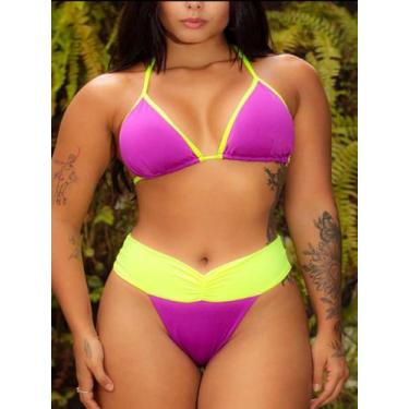 Imagem de Biquini Efeito Lipo Modela Corpo Hot Pants Roxo com Neon Calcinha Fio 
