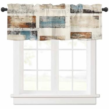 Imagem de Cortina de saia geométrica vintage azul bege curta, tratamento de janela para cozinha, arte abstrata moderna, cortina de bolso para varão, para banheiro, quarto, sala de estar, 1 painel 137 cm L x 45