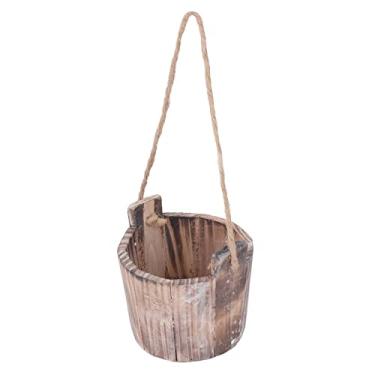 Imagem de Plantadores de Decorações de Jardim Balde de Madeira Rústico Barril Plantador Redondo Estilo Rústico Vintage Pendurado na Parede Vaso de Flores de Jardim de Madeira para Pátio de