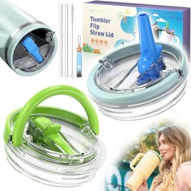 Imagem de Lanyioud Pacote com 2 tampas de canudo de 1,134 g para Stanley, substituição de tampa à prova de vazamento, azul e verde, plástico, flip top, 2 peças