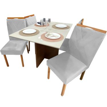 Imagem de Mesa de Jantar Helo 120x90cm em Veludo com 4 Cadeiras California Poliman Cor Off White com Assento Prata