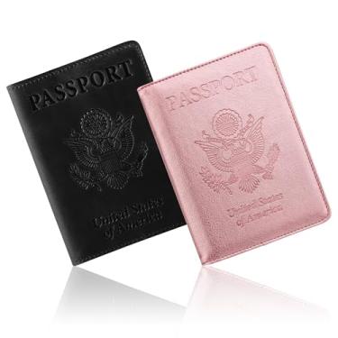 Imagem de Ciana Porta-passaporte de couro PU e cartão de vacina com cartão de vacina, Rosa e preto, Passaporte