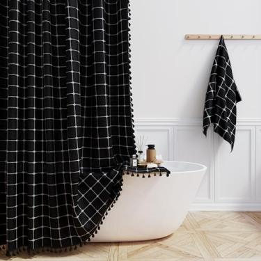 Imagem de BTTN Cortina para box de chuveiro Boho – Conjunto de cortina de chuveiro de tecido de borla ultra grossa de linho estreito 91 x 182 cm com 6 ganchos de plástico, cortinas de chuveiro pequenas modernas