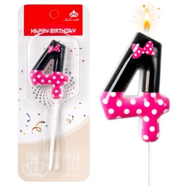 Imagem de JonesLi 4º Velas de aniversário rosa e pretas para meninas, decorações de 4º aniversário para meninas, enfeite de bolo de rato rosa, decoração de cupcake, decoração de festa de aniversário com tema de