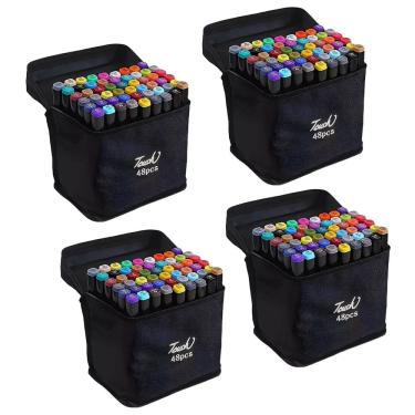 Imagem de Caneta Canetinhas Permanente 48 Cores Estojo Kit 4 unidades Marcador Ponta Dupla Bolsa Alça Desenho Pintura Design Moda Escola Faculdade Arte
