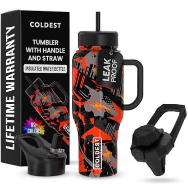 Imagem de Copo Coldest com alça e canudo - Copo isolado 100% à prova de vazamento com tampa e canudo (3 tampas) - Copos de aço inoxidável para mulheres e homens - Base compatível com porta-copos, 1,020 g