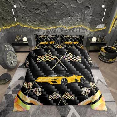 Imagem de jejeloiu Conjunto de cama de carro de corrida amarelo, tamanho solteiro, esportes radicais, conjunto de edredom para crianças, adolescentes, adultos, Velozes e Furiosos, conjunto de edredom com
