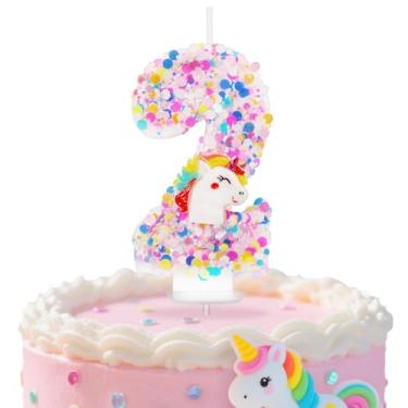 Imagem de Velas com número de aniversário, velas de aniversário de unicórnio para bolo, decoração de topo de bolo número 2 com glitter para meninos e meninas (decoração 2)