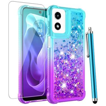 Imagem de CAIYUNL Capa para Motorola Moto G Play 2024 com protetor de tela de vidro temperado, brilhante, líquido, flutuante, fofa, capa de telefone feminina de silicone macio, fina, TPU (poliuretano