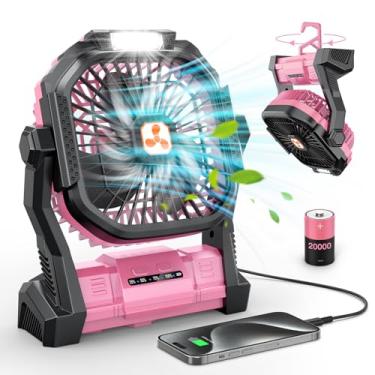 Imagem de Ventilador portátil recarregável, ventilador de mesa sem fio alimentado por bateria de 20000 mAh com lanterna LED, USB C operado por bateria para barraca de acampamento, escritório, praia, mesa, pesca