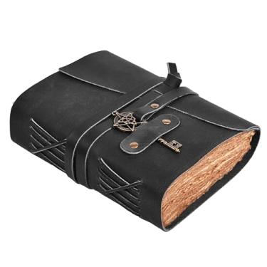 Imagem de LEATHER VILLAGE Diário vintage encadernado de couro para mulheres e homens - 17 x 12 cm (A7), preto envelhecido, 200 páginas de papel aquarela com bordas de deck feito à mão - Fecho de cadeado antigo