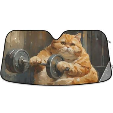 Imagem de Fat Cat in Gym Guarda-sol engraçado para para-brisa de carro engraçado personalizado retrátil sombra de carro para para-brisa dianteiro impressão animal S, 134,6 cm x 59,7 cm